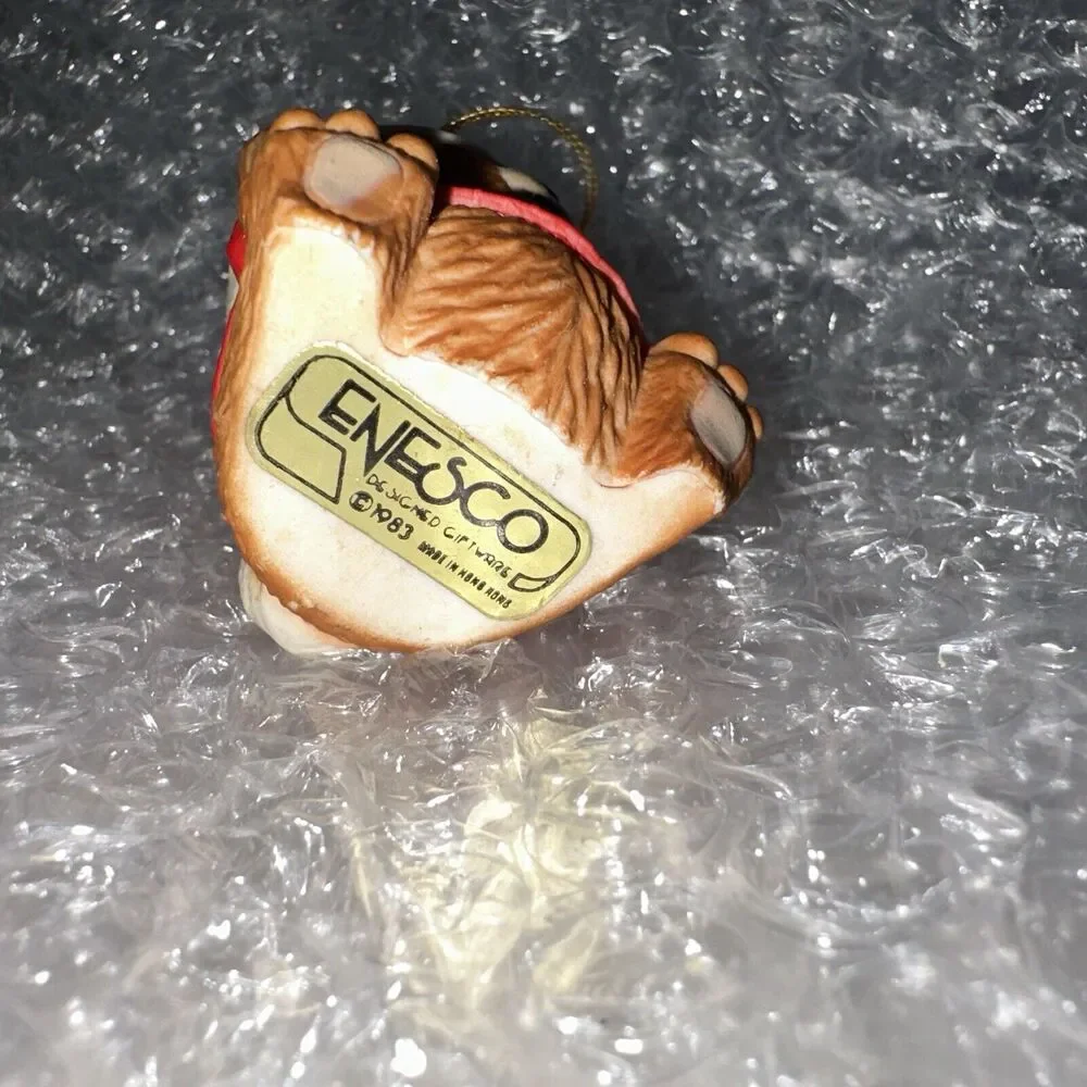 Vtg Enesco 1983 Christmas Ornament Teddy Bear Sitting Red Hat Shirt Holly 2
